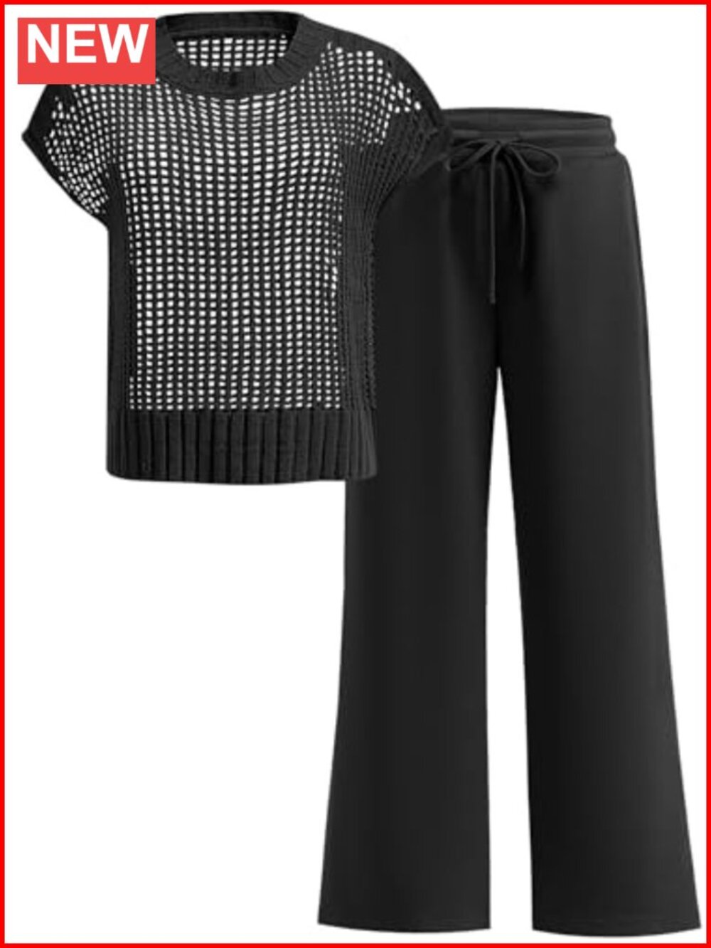 Crochet Knit Two Piece Lounge Set Wide Leg Pants Sweatsuit Travel Outfit